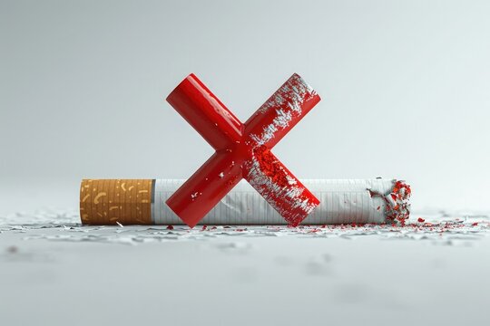 a smoldering lit cigarette with ash crossed with a red cross symbolizing the harm of smoking on the human body. No Tobacco Day campaign - Powered by Adobe