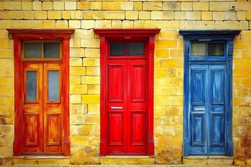 Obraz premium Vibrant Red Blue Orange Doors Old Building Exterior