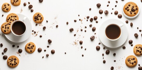 Obraz premium A set for Christmas and Happy New Year greetings includes cute mugs with hot beverages like cacao, tea, and coffee, as well as chocolate chips cookies and pastry, which can be used as elements in