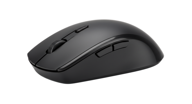 Close up view of a sleek black wireless computer mouse with a scroll wheel and side buttons