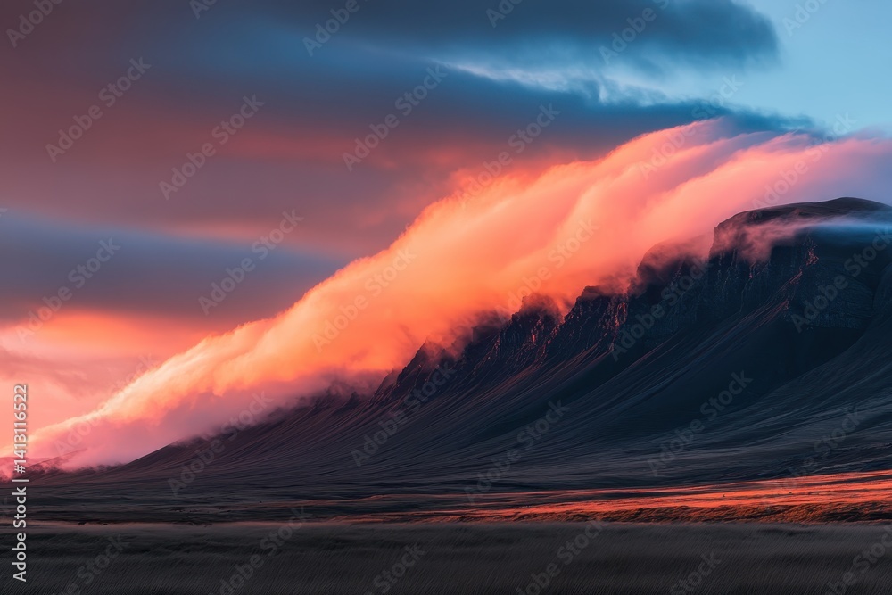 Poster sunset timelapse captures clouds flowing over mountains at dusk, time-lapse of sunset and clouds flo