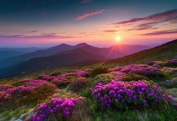 Obraz premium Mountain sunrise with rhododendrons. Targets nature tourism or art prints. Purple flowers contrast with golden sunrise, symbolizing vitality and awe. 