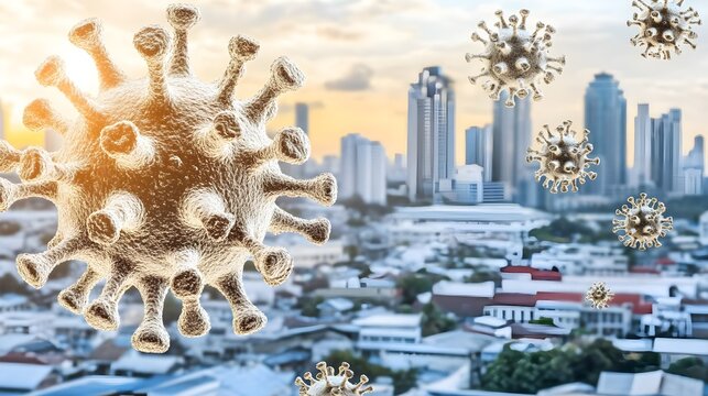 Public health awareness campaign in a vibrant cityscape with holographic displays