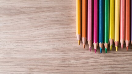 Obraz premium Colorful pencils on wooden surface creative art supplies vibrant colors education office design