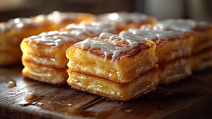 Stacked, sugared squares of delicious, golden breakfast pastries.