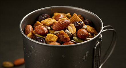 Delicious And Nutritious Trail Mix In Camping Cup On Dark Backdrop