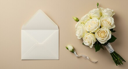 Elegant wedding invitation with white roses bouquet. A pristine white envelope rests beside a charming bouquet of white roses, hinting at upcoming nuptials or an important announcement.