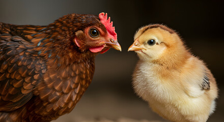 Fototapeta premium Hen And Chick Confronting Each Other In Soft Focus Family Portrait