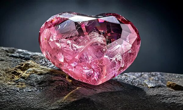 Heart-shaped pink gemstone on dark rock.