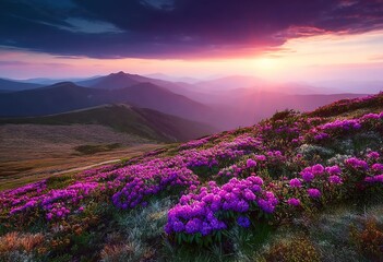 Obraz premium Rhododendrons at mountain sunset. For travel or art-related searches. Purple blooms against sunset symbolize vitality amid closure.