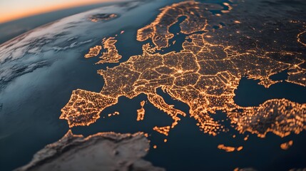 Dynamic energy visualization of europe at night aerial view holographic globe concept