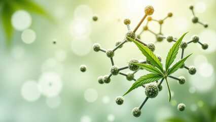 A detailed molecular structure of THC, with a blurred background emphasizing cannabis plants and nature.