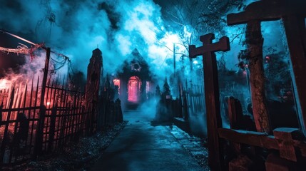 A haunted house attraction with eerie lighting, fog, and ghostly decorations --ar 16:9 --v 6.1 Job ID: 5b9fa531-43d5-4184-a202-b6f7e3a0516b