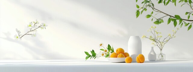 Serene summer still life with white vases, apricots, and wildflowers on a table. Generative AI