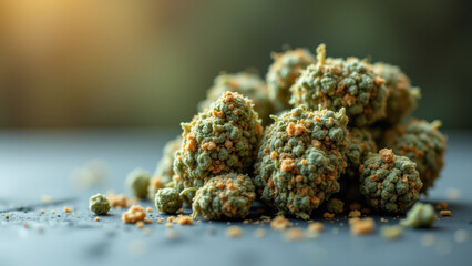 High-quality image of a pile of THCA crystals with a blurred background, focusing on the fine details of the crystalline structures.