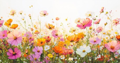 Cosmos flower field. A vibrant sea of pink, orange, and white cosmos under soft light symbolizes natural joy. Used in calendars, greeting cards, or spring-themed decor.