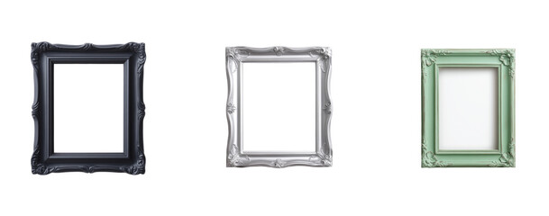 Three ornate picture frames in black silver and green with decorative details
