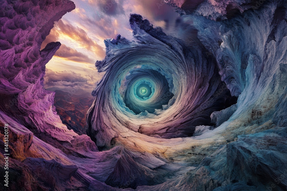 Poster Explore the mesmerizing colors and shapes within a swirling vortex during twilight hours, Journey into the Vortex