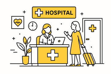 Hospital reception. Modern flat line art illustration. Trendy outline vector graphic elements. Creative concept. Black and yellow colors isolated on white background