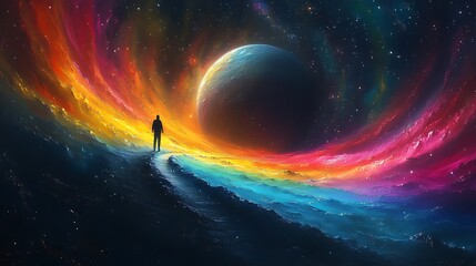 Colorful cosmic landscape with solitary figure.