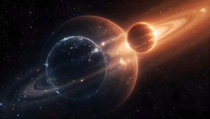 Fototapeta premium Vibrant binary planet system with icy blues and sunlit oranges orbiting together set against a backdrop of brilliant stars