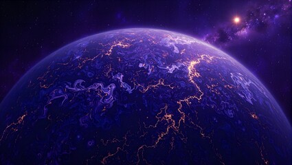 Obraz premium Explore the mesmerizing beauty of a distant alien planet its surface cloaked in swirling fractal patterns in shades of violet and indigo kissed by golden light