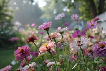 A stunning array of colorful zinnias and cosmos flowers in a sun-drenched garden during the summer.