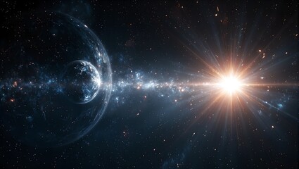 Explore cosmic beauty with a mesmerizing image of an icy planet orbiting a dazzling star reflecting stunning patterns of light