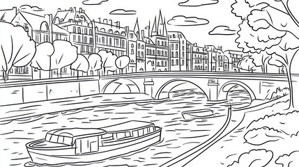 Fototapeta premium Parisian Canal Scene, Line Drawing, Coloring Page, Background Cityscape, Educational