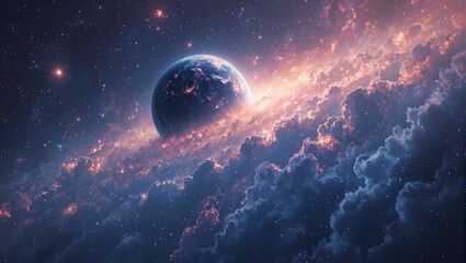 Obraz premium Vibrant semi translucent planet with glowing currents surrounded by colorful nebular clouds in a dynamic cosmic scene