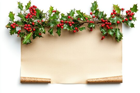 Scroll paper decorated with holly branches and red berries on a white surface for holiday season design - Powered by Adobe