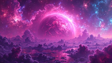 Obraz premium Discover an otherworldly exoplanet in vivid neon pink hues featuring captivating storm systems and reflective pools set against a vibrant colorful nebula backdrop