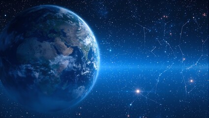 Obraz premium Explore the beauty of a distant Earth like planet from space Blue oceans white clouds and shimmering stars create a peaceful and serene scene