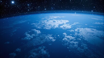 Fototapeta premium Explore the beauty of a distant Earth like planet from space Blue oceans white clouds and shimmering stars create a peaceful and serene scene