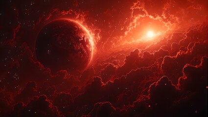 Dramatic storm on a red planet under a glowing sun evoking an otherworldly and mesmerizing science fiction landscape