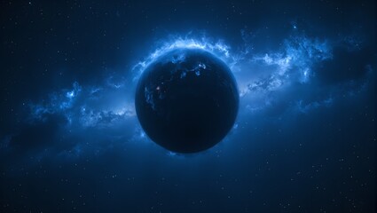 Obraz premium Explore an enigmatic dark planet with ethereal blues drifting in a starlit void amidst radiant glowing nebula clouds