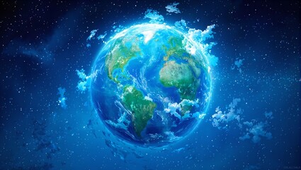 Obraz premium Explore an alien world with teal continents fluffy clouds and ice capped poles framed by shimmering stars Perfect for futuristic concepts