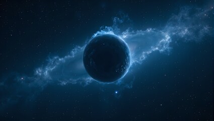 Obraz premium Explore an enigmatic dark planet with ethereal blues drifting in a starlit void amidst radiant glowing nebula clouds