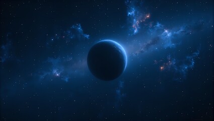 Explore an enigmatic dark planet with ethereal blues drifting in a starlit void amidst radiant glowing nebula clouds