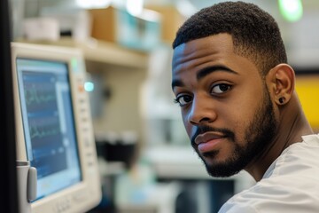 Young African American male staff member working with medical equipment in a clinical setting, Portrait of young African American male staff working on technology in hospital