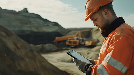 Mining worker checking ore levels at an excavation site. Featuring ore assessment and site management