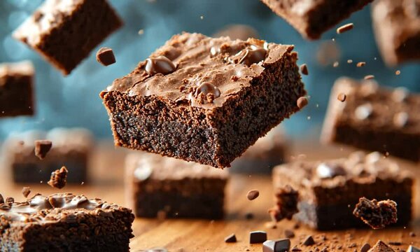 Chocolate brownies in mid-air, sprinkled with cocoa.