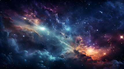 Naklejka premium Spectacular Colorful Nebula Cloudscape with Twinkling Stars on Dark Background for a Cosmic Space Adventure Theme