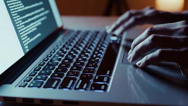 Concentrated programmer hands typing programming code on laptop keyboard in dimly lit workspace, developing software or website during late night working session