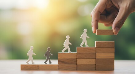 Representing career development and success, miniature individuals ascend a wooden block structure as a large hand builds their path.