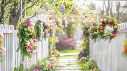 Fototapeta premium Scenic garden pathway decorated hanging Easter eggs flower garlands and spring wreaths along a white picket fence creating a magical outdoor celebration theme filled with joy and color