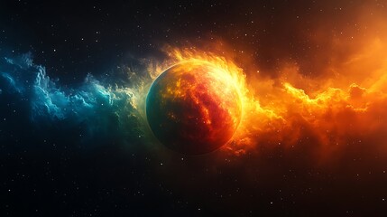 Naklejka premium Fiery celestial sphere amidst cosmic nebulae.