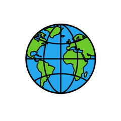 Detailed globe illustration depicting continents and oceans in flat design