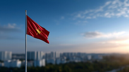 Drone view of Vietnam national flag fluttering in the sky above a modern skyline, Vietnam flag, national flag, drone shot, city skyline, independence day, patriotic, flag waving, Vietnam, skyline, 