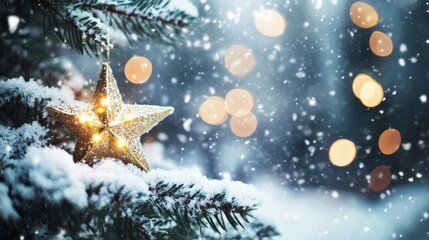 Fototapeta premium Golden Star Ornament on Snowy Christmas Tree with Soft Bokeh Lights